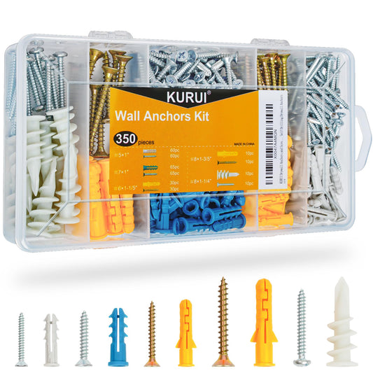KURUI Drywall Anchors Assortment Kit for Sheetrock Concrete Brick, 350Pcs Wall Anchors and Flat Head Screws, 5 Sizes Picture Hanging Set for Bedroom/Office Wall Art Decor, House Warming Gifts New Home