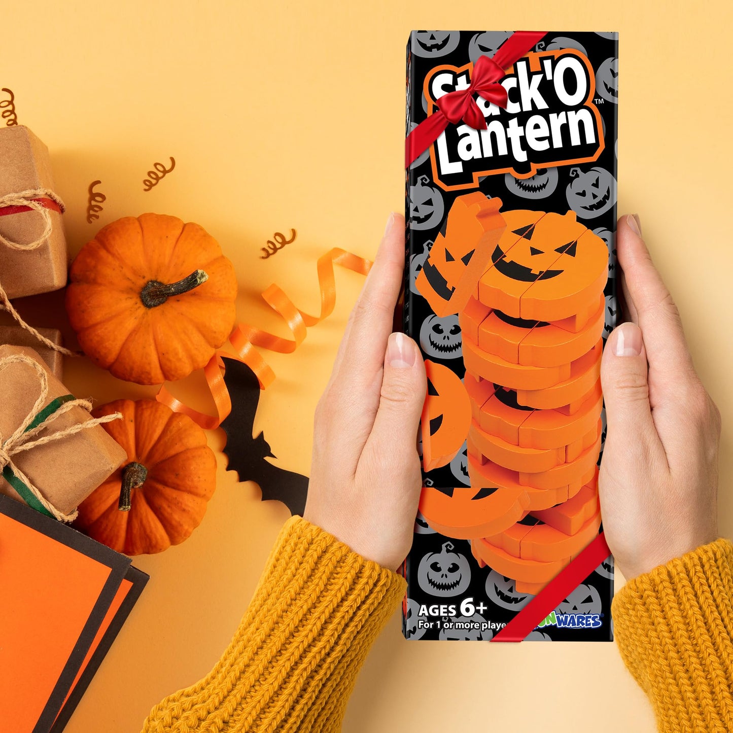 Funwares Wooden Blocks Stacking Game, Tumbling Tower and Balance Game, Family & Party Fun, Game for Kids and Adults, Ages 6+, Stack 'O Lantern, The Fall Pumpkin-Themed Wood Blocks Stacking Game