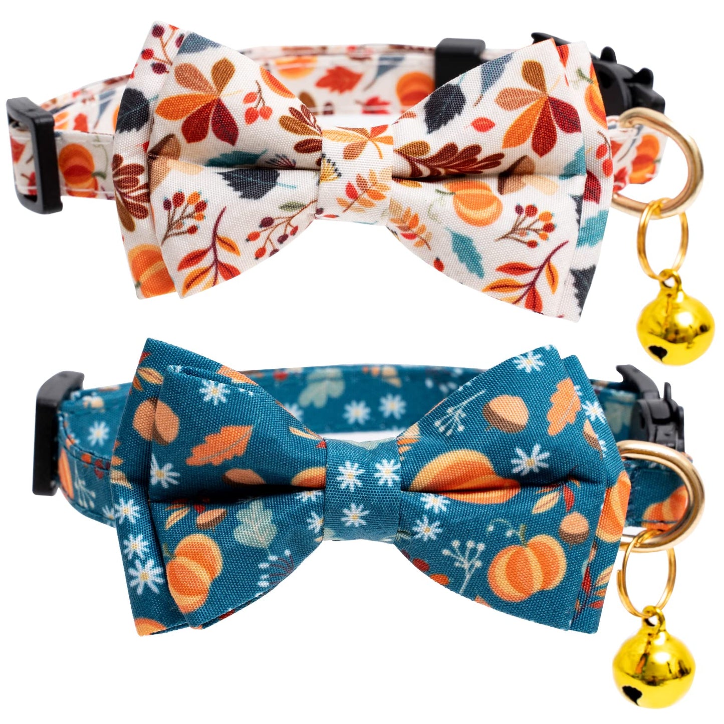 2 Pack Cotton Fall Cats Collar with Bow Tie Orange Green Cat Collars for Girl Female Boy Male Cat Collar with Bell Halloween Collars for Cats