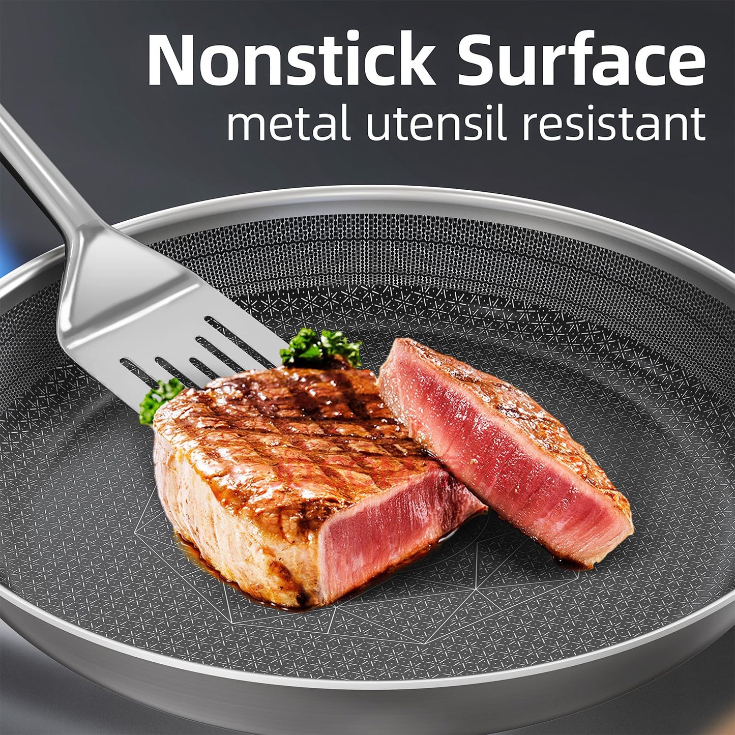 COOKER KING Non-toxic Frying Pans Set of 3 (8+10+12 Inch), Tri Ply Stainless Steel Pans, Induction Pan Set, Chef's Pan, Skillets Dishwasher & Oven Safe, Stay-Cool Handles, Compatible with All Cooktops