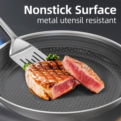 COOKER KING Non-toxic Frying Pans Set of 3 (8+10+12 Inch), Tri Ply Stainless Steel Pans, Induction Pan Set, Chef's Pan, Skillets Dishwasher & Oven Safe, Stay-Cool Handles, Compatible with All Cooktops