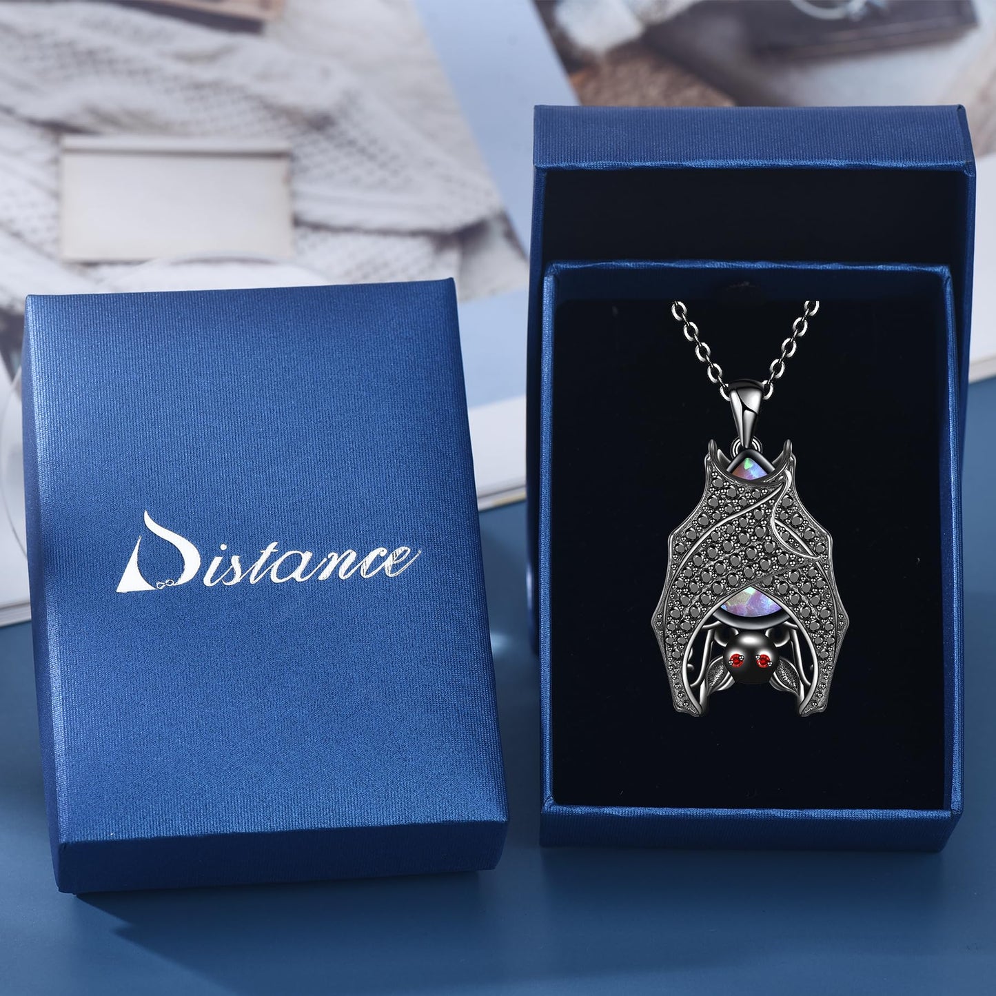 Distance Halloween Gifts Bat Necklace for Women, Pink Opal October Birthstone Pendant 925 Sterling Silver Necklace, Birthday Christmas Jewelry Gifts for Women/Wife/Girlfriend