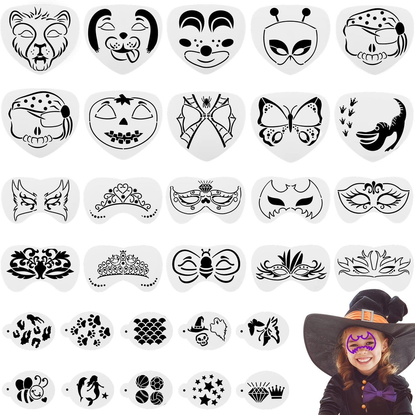 Containlol 40 Pcs Halloween Face Paint Stencils Face Painting Kit Include 30 Pumpkin Paint Stencils Masquerade Painting Stencil Bat Face Stencils 10 Paint Brushes for Face Drawing Makeup Holiday Party