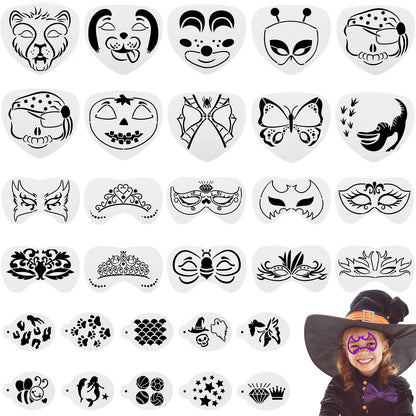 Containlol 40 Pcs Halloween Face Paint Stencils Face Painting Kit Include 30 Pumpkin Paint Stencils Masquerade Painting Stencil Bat Face Stencils 10 Paint Brushes for Face Drawing Makeup Holiday Party