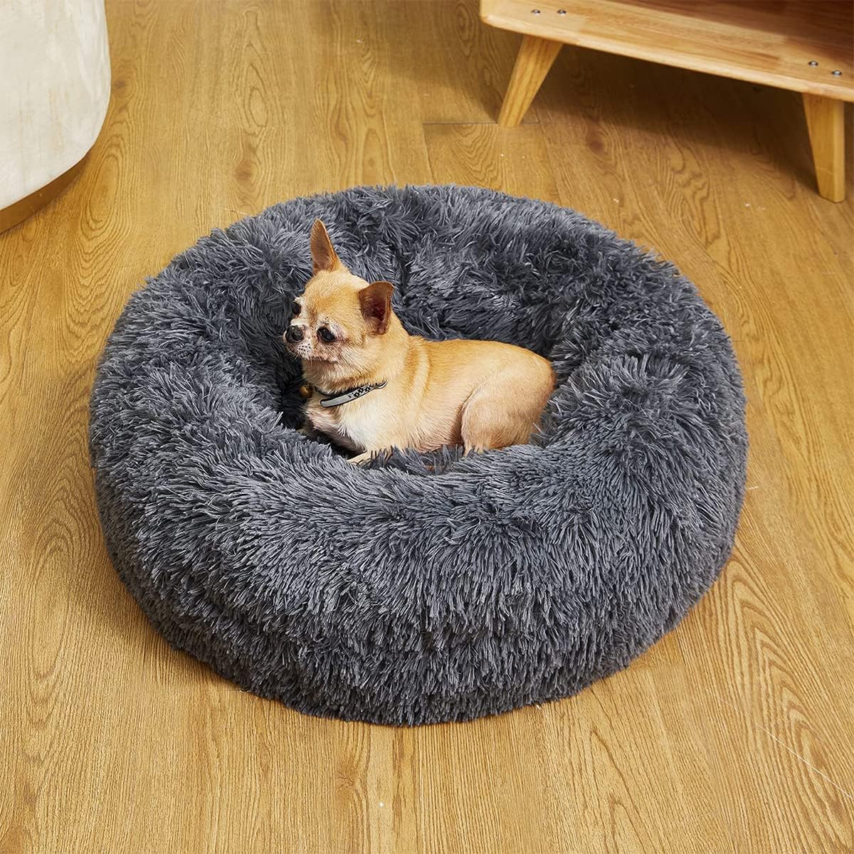 Cozywind Round Plush Dog Cat Bed, Plush Donut Pet Bed Warm Cuddler Nesting Cave with Soft Cushion Sound Sleep Calming Dog Bed Fluffy Plush Cat Bed for Small Medium Dogs and Cats (50cm, grey)