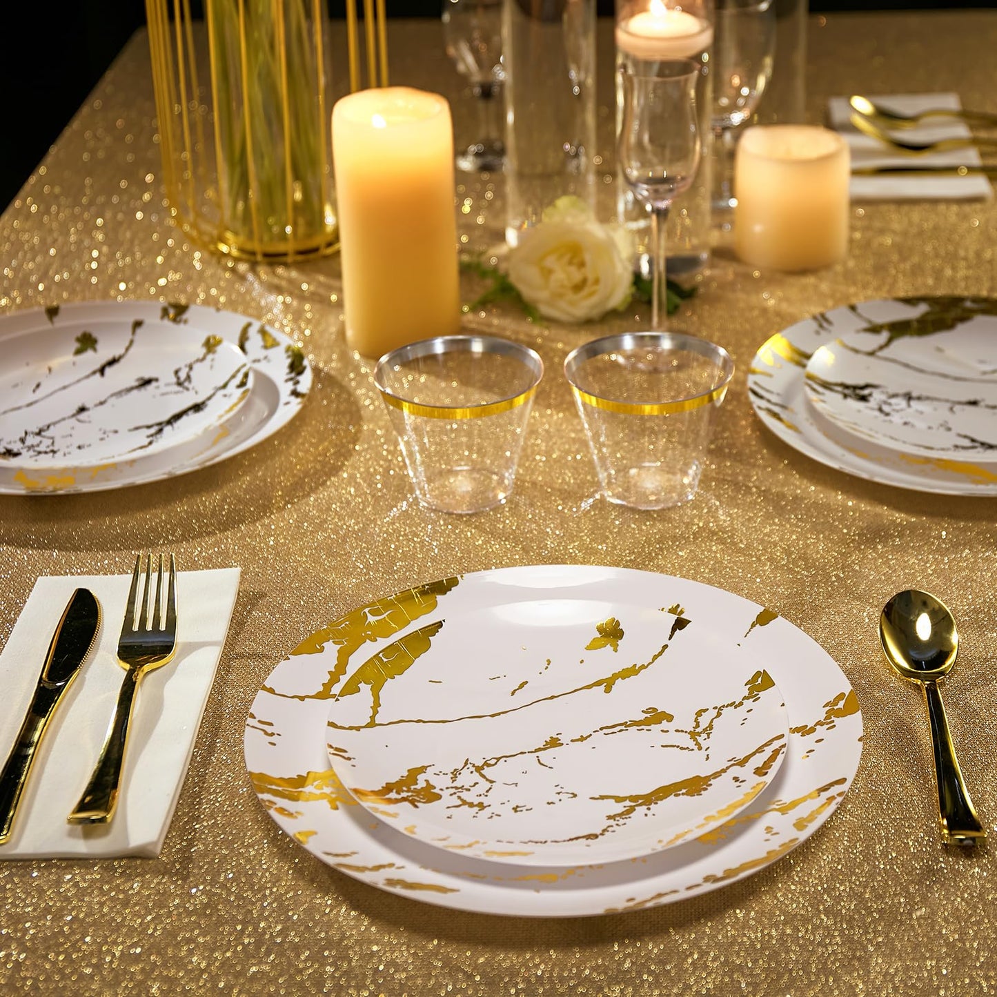 JOLLY PARTY 180PCS Disposable Dinnerware Set 30 Guest, 60 White and Gold Plastic Plates, 30 Plastic Silverware, 30 Cups, Marble Design Disposable Dinnerware for Wedding and Parties