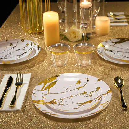 JOLLY PARTY 180PCS Disposable Dinnerware Set 30 Guest, 60 White and Gold Plastic Plates, 30 Plastic Silverware, 30 Cups, Marble Design Disposable Dinnerware for Wedding and Parties