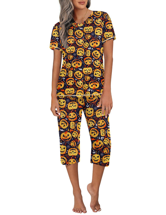 Ekouaer Women's Sleepwear Capri Pajama Sets Short Sleeve Two-Piece Pjs V Neck Tops & Capri Pants with Pockets S-3XL