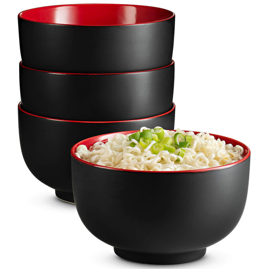 KooK Ramen Bowl, Japanese Bowls, Noodle Bowls, Large Soup Bowl, Ceramic, Large Capacity, For Ramen, Pho, Udon, Soba, Microwave and Dishwasher Safe, 34 oz, Set of 4 (Black/Red)