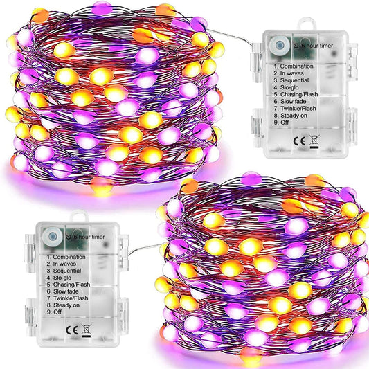 Joomer Orange Purple Halloween Fairy Lights, 2-Pack 16.4FT 50LED Battery String Lights, 8 Modes with Timer Function, Waterproof Twinkle String Light for Indoor Outdoor Halloween Decoration