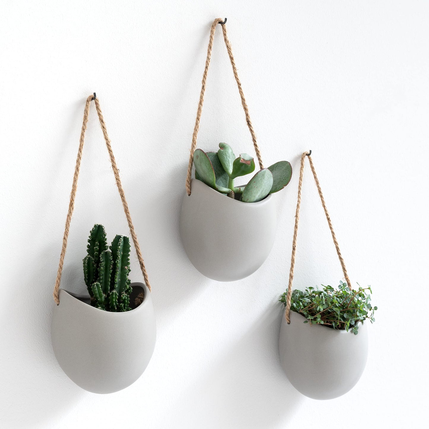 Kazai. Wall Planters -Ellie- | Hanging Ceramic Plant Pots 3 Pieces | Wall Decoration for Indoors, Balcony and Garden | Light Grey (Matte)