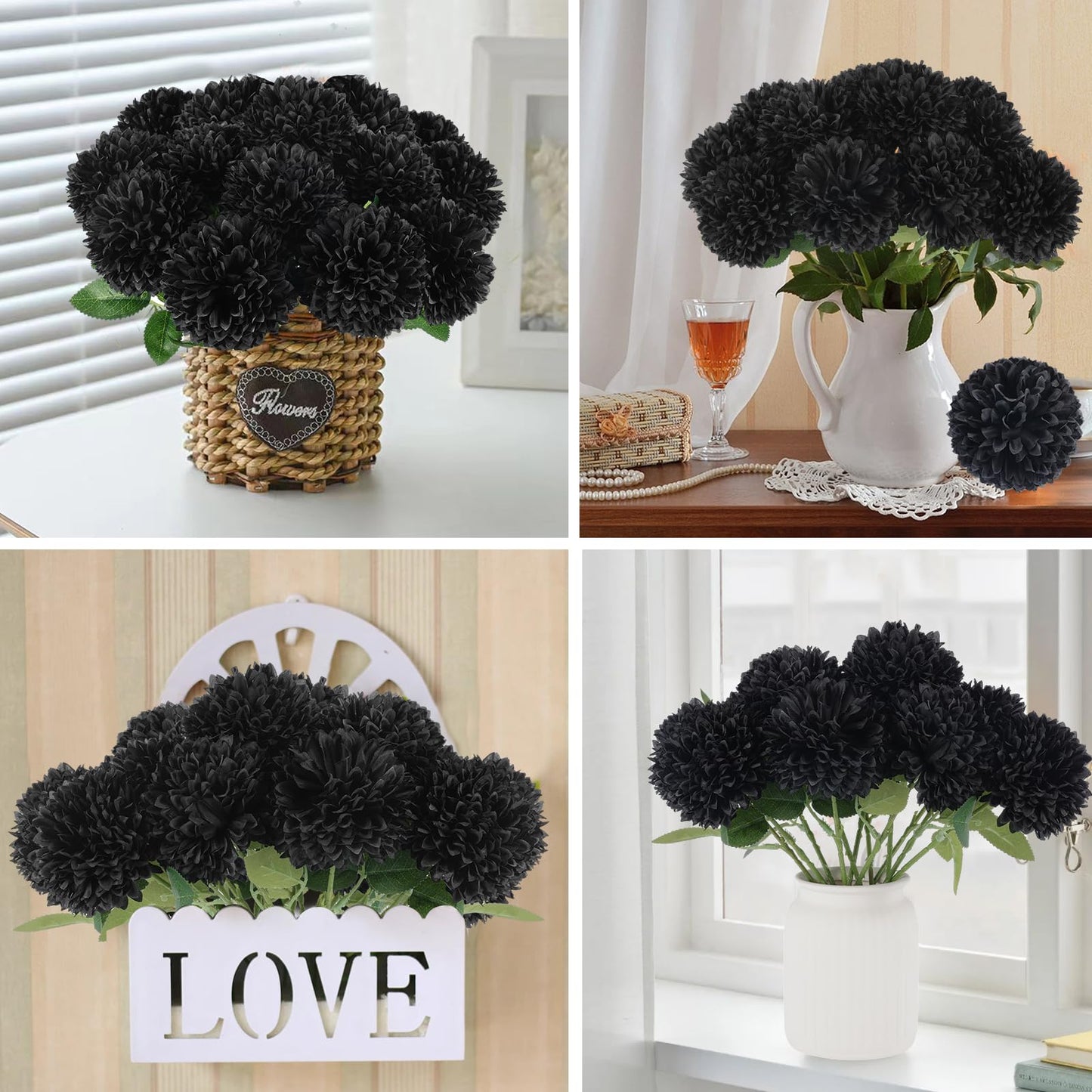 Hananona 12 Pcs Artificial Chrysanthemums Flowers Ball Flower, Fake Mums Flowers Black Silk Plants for Ghothic Home Decor Indoor Floral Arrangement Halloween Table Centerpiece (12, Black)