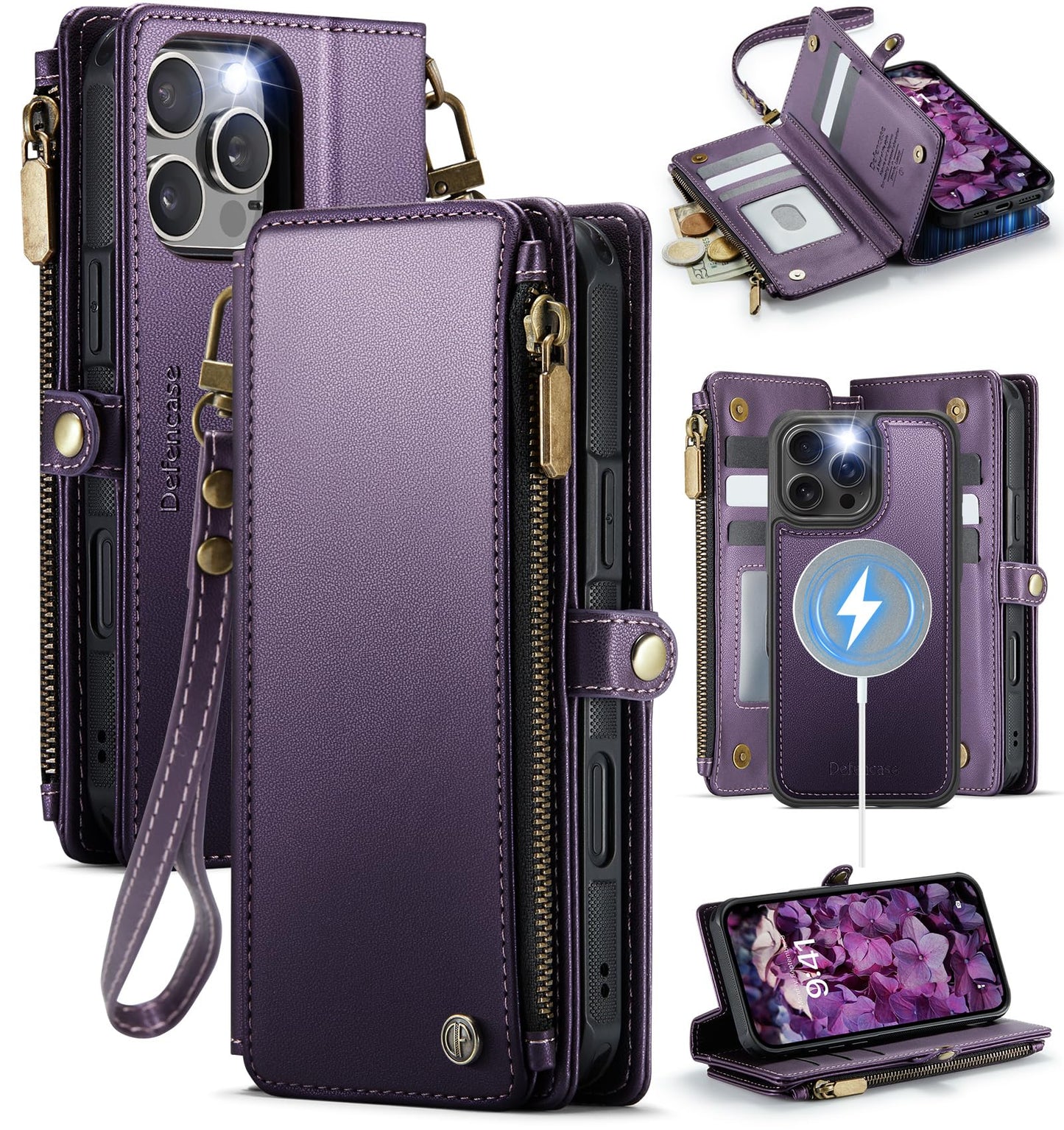 Defencase for iPhone 16 Pro Max Magnetic Wallet Case Compatible with Magsafe with RFID Blocking Zipper Strap Card Holder for Women Men PU Leather Detachable Case for iPhone 16 Pro Max (6.9"), Purple