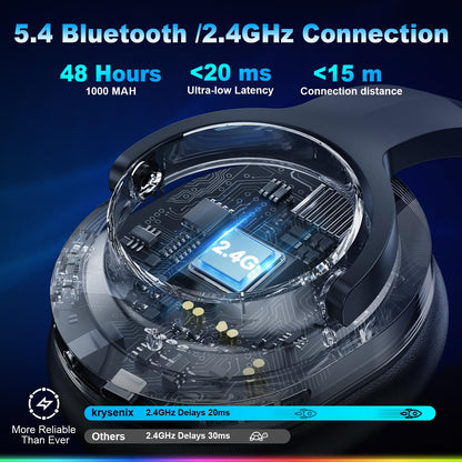 Krysenix PG3 Wireless Gaming Headset for PS4, PS5, PC - 2.4GHz 7.1 Surround Sound, Bluetooth Gaming Headphone with AI Detachable Noise Canceling Mic, 48-Hr Battery for Laptop, Switch, Mac (Black)