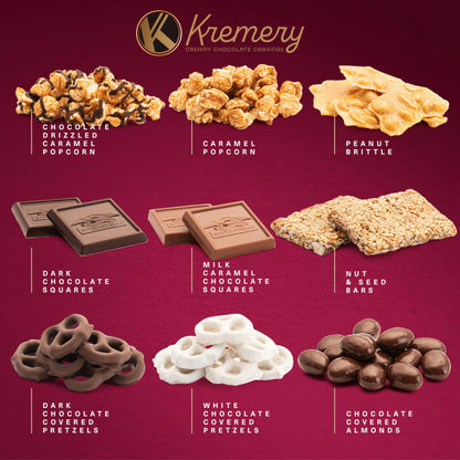 KREMERY Creamy Chocolate Cravings - Chocolate Covered Pretzels & Caramel Popcorn Gift Basket, in Seagrass Tray + Ribbon (Premium, 2.5 lbs) Food Arrangement, Food Assortments USA Made