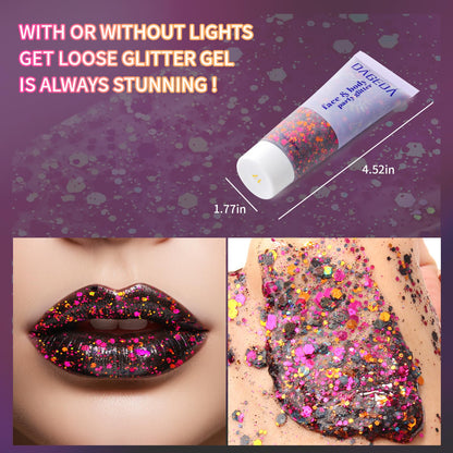 DAGEDA Halloween Black Body Glitter Gel, Face Hair Glitter Body Shimmer, Halloween Costume Accessories Chunky Glitters Eyeshadow, Holographic Cosmetic Sequins Festival Outfits for Women 50ml