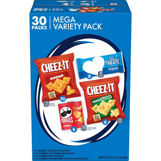 Kellogg's Cheez-It, Pringles & Rice Krispies Treats Snacks Mega Variety Pack, 30.1oz Box (30 Count)
