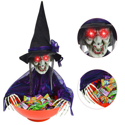 JOYIN Halloween Candy Bowl Dish Witch Decorations Indoor, Haunted House Home Decor Animatronics Animated LED Lights Eyes, Creepy Scary Sound Activated Trick Or Treat