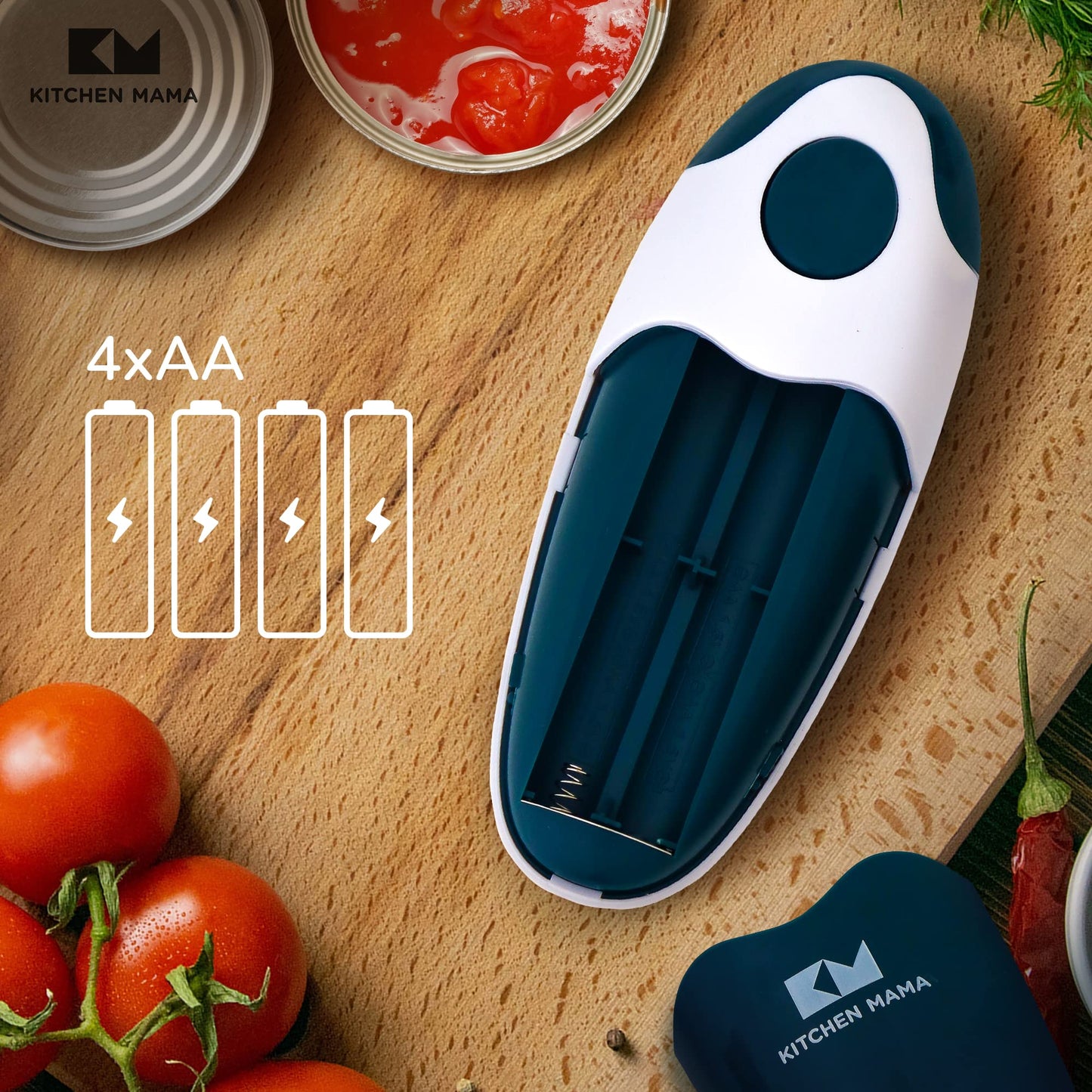 Kitchen Mama Auto 2.0 Electric Can Opener: Blade Opens Almost Any Can Pop or Soda Can - Automatic, Hands Free, Safe, Smooth Edge, Lid Remover, Battery Operated, Cordless, YES YOU CAN (Navy Blue)