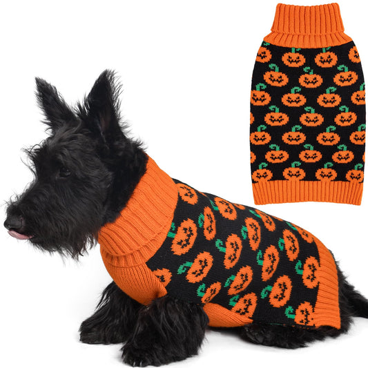 KYEESE Halloween Dog Sweater with Leash Hole Cute Pumpkin Design Winter Warm Turtleneck Cozy and Comfortable Orange Knitwear for Small Dogs Boy Fall Holiday Apparel Halloween Doggy Sweater, Large