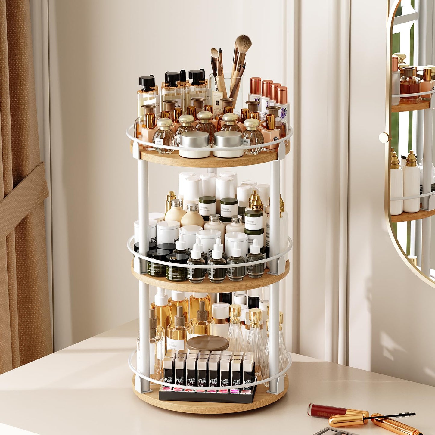 3-Tier Lazy Susan Organizer, Rotating Spice Rack, Spinning Organizer, Industrial Turntable Spice Rack Organizer for Cabinet, Kitchen Countertop, Pantry, Rustic Brown and Black SR23BR