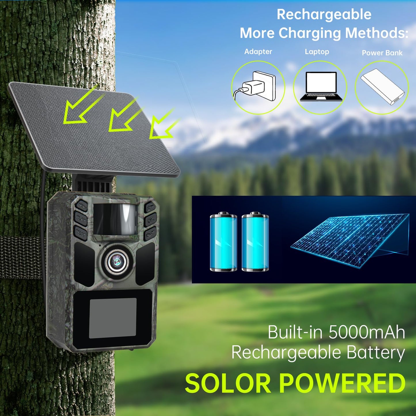 FKPCAM Trail Camera 4K 64MP Solar WiFi Game Hunting Camera with Night Vision– Built-in 5000mAh Battery, IP67 Waterproof, Motion Activated, 64GB Memory Card