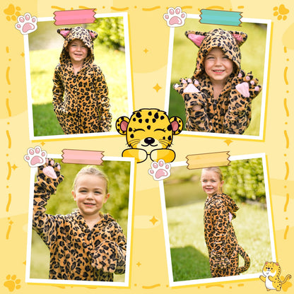 GIFTINBOX Leopard Costume Kids, Zip-Up Hooded Onesie Girls, Cat Costume for Girls Dress Up, Halloween Animal Costumes for Kids 5 6 7 8 9 10 11