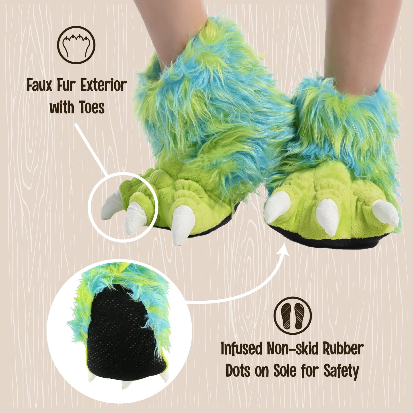 Lazy One Animal Paw Slippers for Kids and Adults, Fun Costume for Kids, Cozy Furry Slippers (Monster Green, Small)