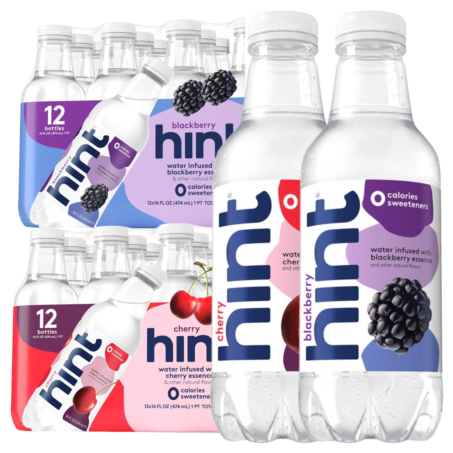 Hint Bottled Water, Blackberry and Cherry- Purified Flavored Water with Zero Calories, Sugar Free, Natural Flavors - 16 Fl Oz (Pack of 24)