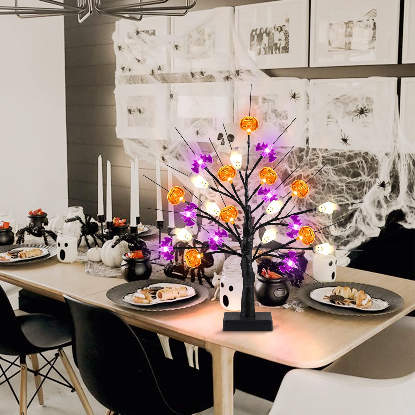 18 Inch Black Halloween Tree Light with 24 LED Pumpkin Bat Ghost Lights, Timer/USB/Battery Operated Halloween Lights Halloween Decorations Indoor Outdoor for Home Table Mantle Halloween Party Decor