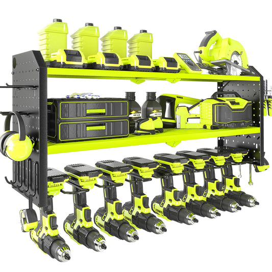 KAFAHOM Power Tool Organizer, Large 8 Drill Holder Wall Mount with 2 Side Pegboards, Heavy Duty Metal Tool Shelf with 12 Hooks, Storage Rack for Garage Organization, Utility Battery Shelves - Green