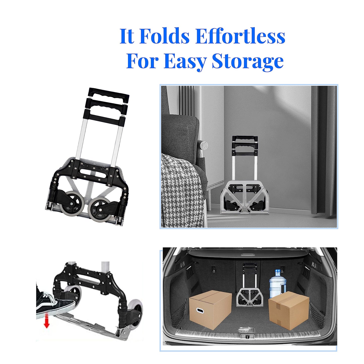 HBFBDRCT Folding Hand Truck, 165lbs Capacity Lightweight Portable Dolly with 2 TPR Silent Wheels for Home, Office, and Travel Use - Heavy Duty Utility Cart for Shopping