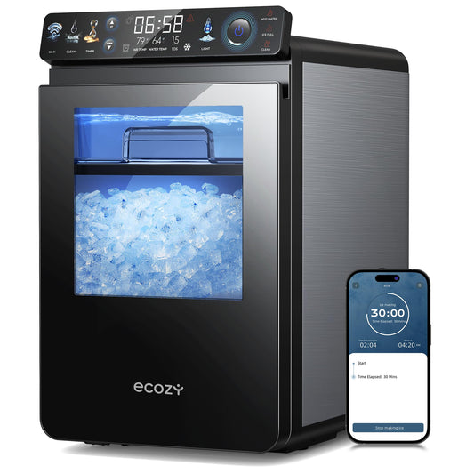 ecozy Nugget Ice Maker Countertop, Smart Pebble Ice Machine with APP Control, 44 lbs Per Day Soft Pellet Chewable Ice with Self-Cleaning, Stainless Steel