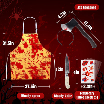 Halloween Bloody Butcher Costumes Set- Waterproof Bloody Apron with Axe Headband Butcher Knife Temporary Tattoos, Terrifying Role Play for Men Costume Party Carnival Prop Accessories (Yellow)
