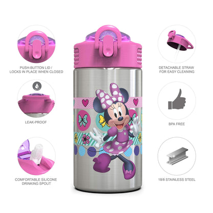 Zak Designs Disney Minnie’s Happy Helpers - Stainless Steel Water Bottle with One Hand Operation Action Lid and Built-in Carrying Loop, Kids Water Bottle with Straw Spout (15.5 oz, 18/8, BPA Free)