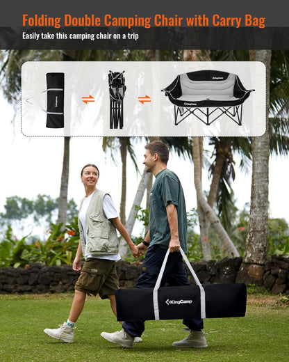 KingCamp Double Camping Chair, Oversized 660lbs Heavy Duty Loveseat for Adults Portable Folding XL 2 Person Couch Padded Comfortable Two Seat with Cup Holder for Outdoor Lawn Backyard, Black/Grey