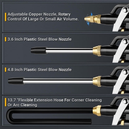 High Volume Air Blow Gun with Brass Adjustable Nozzle, Industrial Blower Gun with 2 Steel Extensions and 13.7 Inch Universal Hose, Pneumatic Air Compressor Accessory Tool