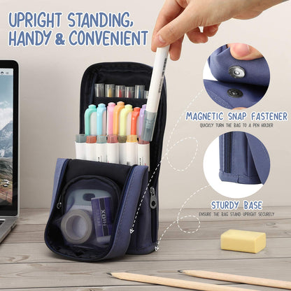 Housolution Standing Pencil Case Large Capacity Pen Bag, Multi-Layer Pen Pouch Pencil Holder Stationery Organizer, Polyester Pencil Bag Storage Box Desk Organizer, Blue