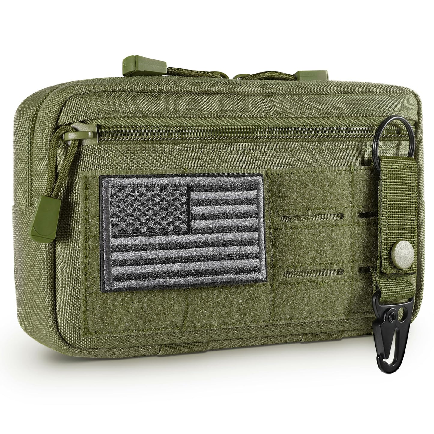 FRTKK Tactical Molle Admin Pouch Utility Laser Cut EDC Tool Pouch Bag Horizontal Modular Pouches Include US Flag Patch and Keychain (Army Green)