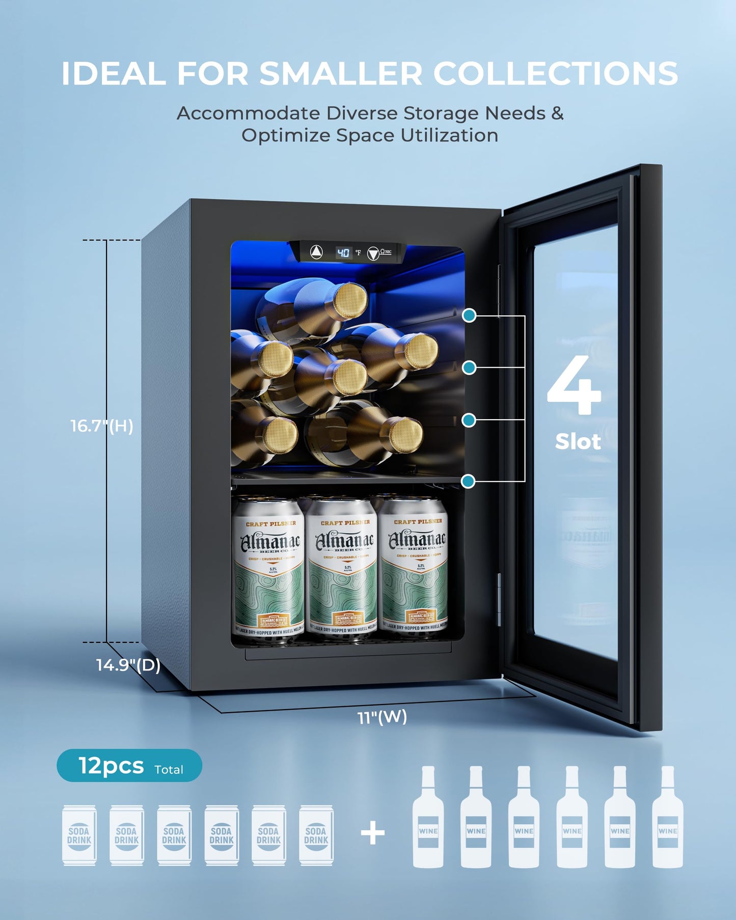 EUHOMY 18L Beverage Refrigerator Cooler, 24 Cans Mini Fridge with Quiet Compressor, Countertop Small Fridge with 40°F-61°F Digital Temperature Control, LED Lgiht for Home, Bar, Office
