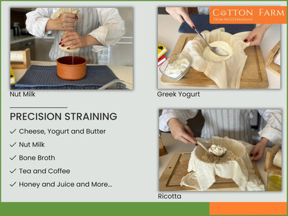 Cotton Farm Grade 100 XL Cheese Cloths - Straining & More; 36x36 Inch; 100% Unbleached Cotton Cheesecloth; Reusable with Hemmed 2 Edges; Ultra-Dense (the finest) Butter Muslin