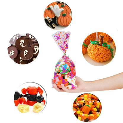 DIYASY 150 Pcs Halloween Cellophane Treat Bags, Clear Candy Bags Plastic Bats Pumpkin Bag Witch Goody Bag with 300 Twist Ties for Kids Party Favor