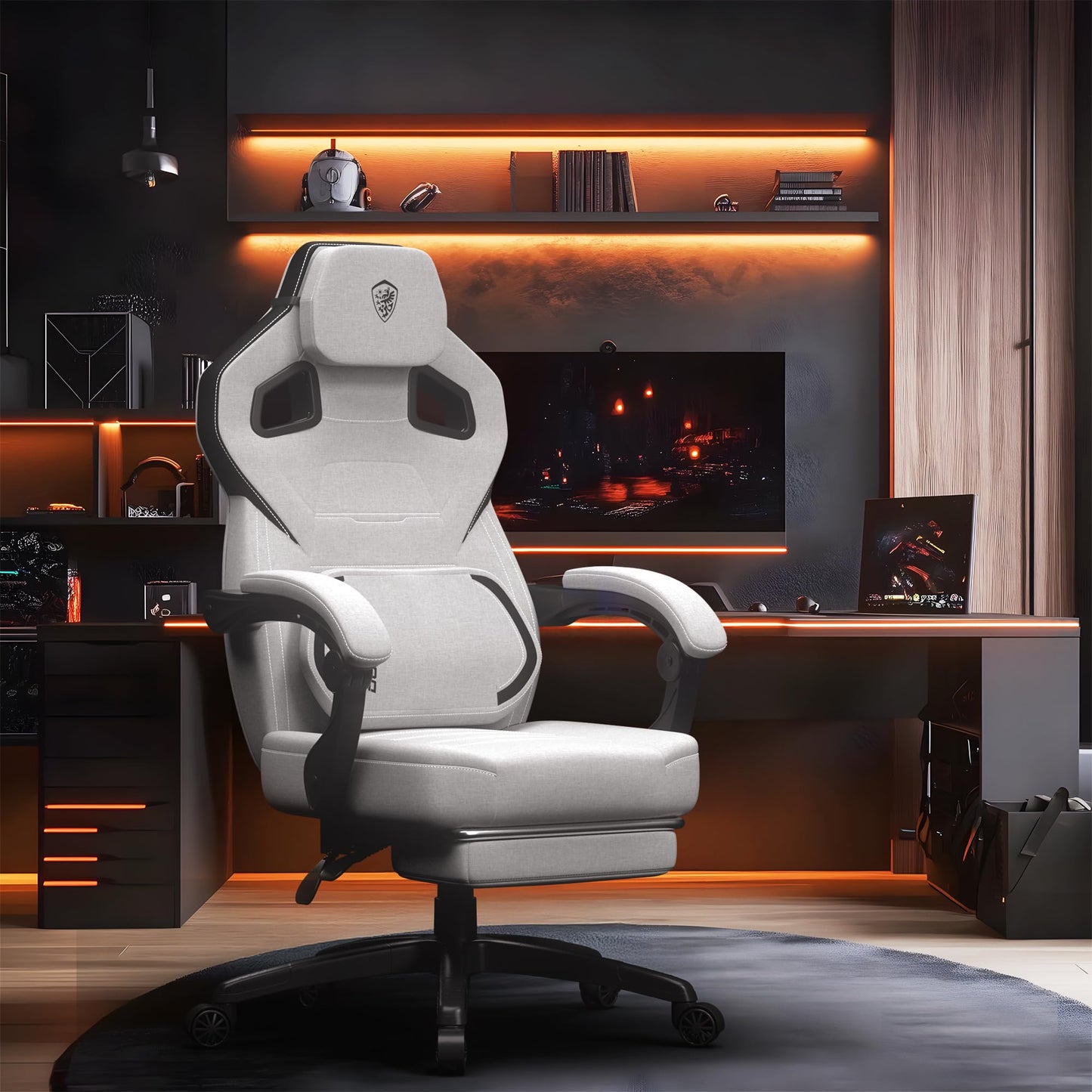Dowinx Fabric Gaming Chair with Footrest, Big and Tall Gamer Chair with Lumbar Support, Wide Back Computer Chair for Heavy People, Grey