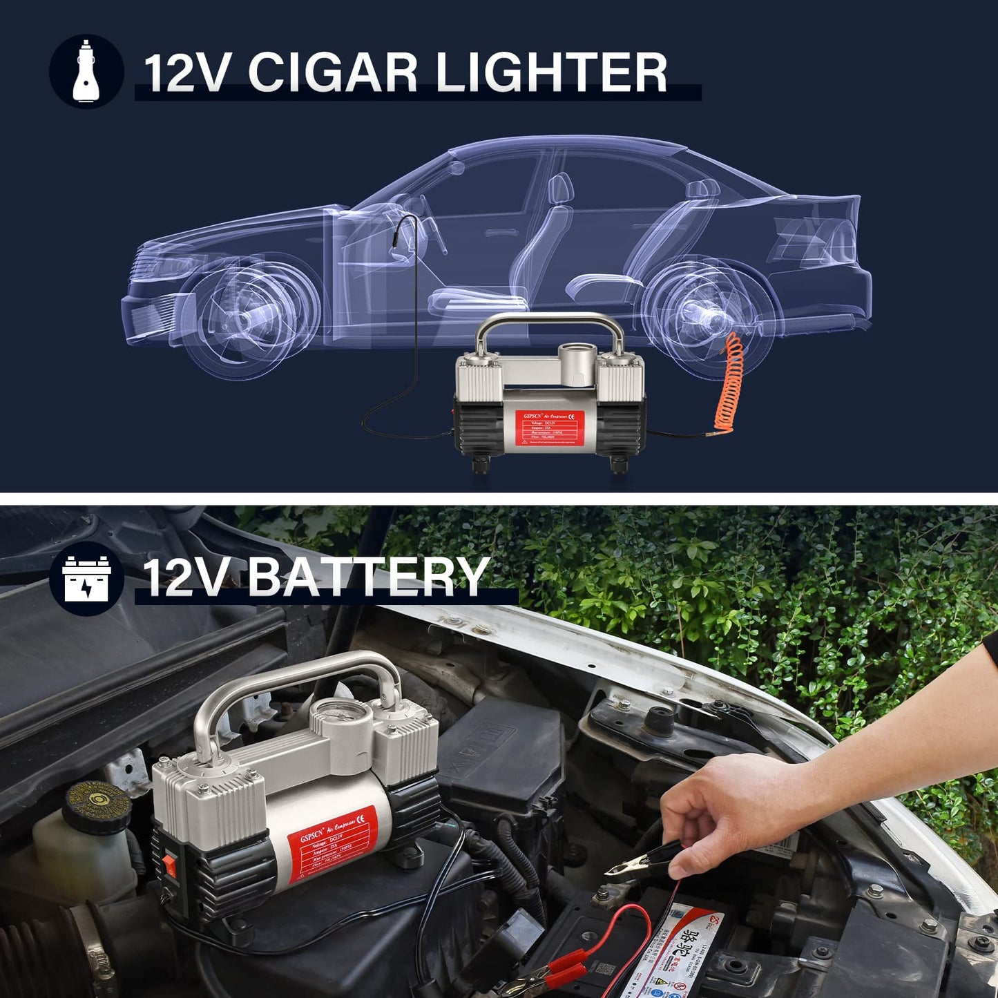 GSPSCN Silver Tire Inflator Heavy Duty Double Cylinders with Portable Bag- Car Accessories，Metal 12V Air Compressor Pump 150PSI with Adapter for Car, Truck, SUV Tires, Dinghy, Air Bed etc
