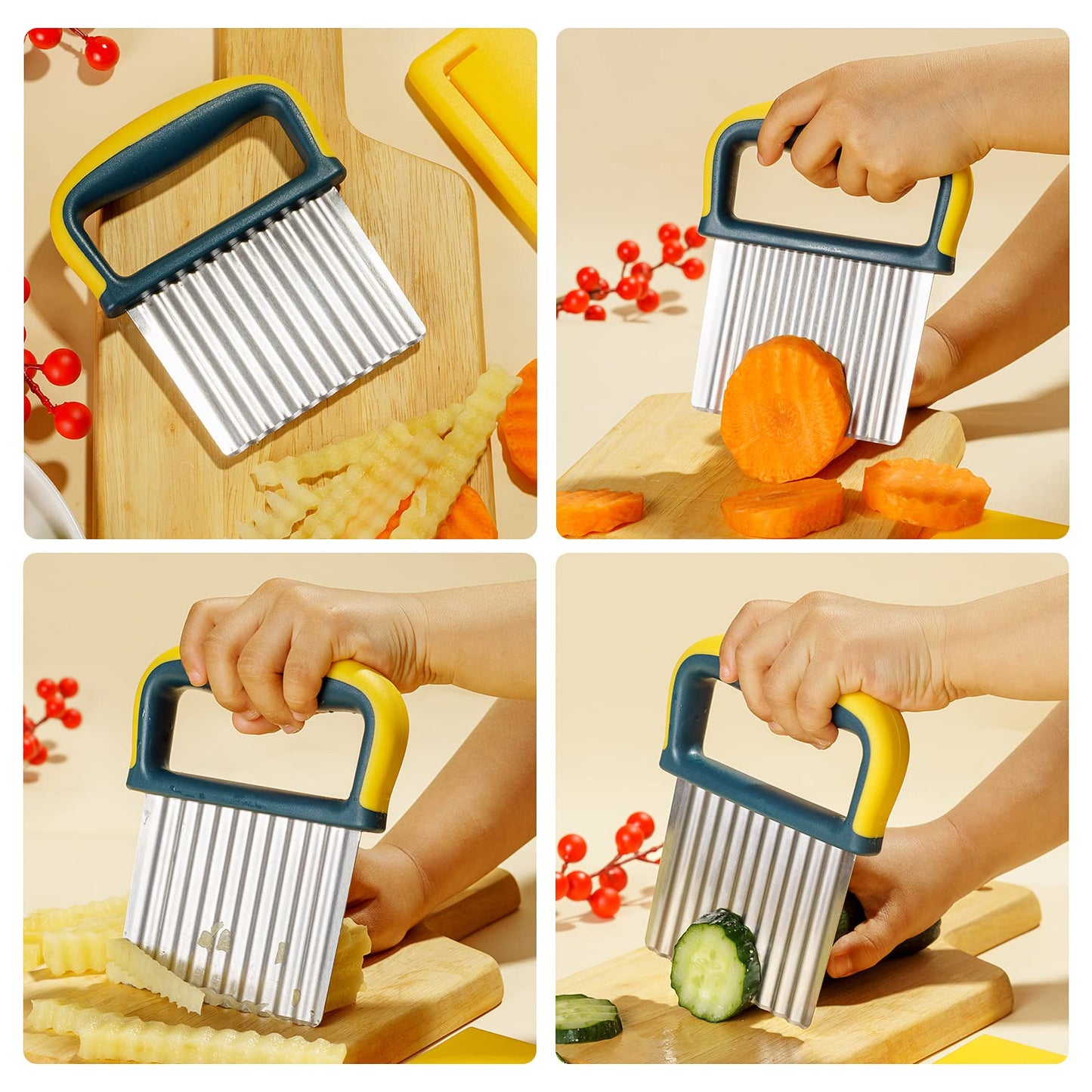 Crinkle Cutter Knife, Potatoes Crinkle Fry Cut and Vegetable Cutter for Veggies, Stainless Steel Carrot Slicer（Yellow）