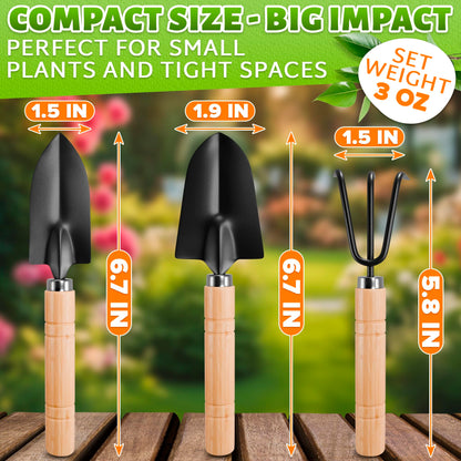 3 Pcs Small Garden Tools for Gardening – Planting Tools Set with Small Garden Shovel Hand, Ergonomic Hand Rake, Rustproof & Solid Wood Handle – Shovels for Digging & Indoor Plant Care