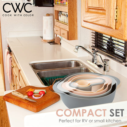 COOK WITH COLOR Nesting Bowls with Measuring Cups Colander and Sifter Set - Includes Mixing Bowls, Colander, Sifter and Measuring Cups, Pink, 8 Pc Bowl