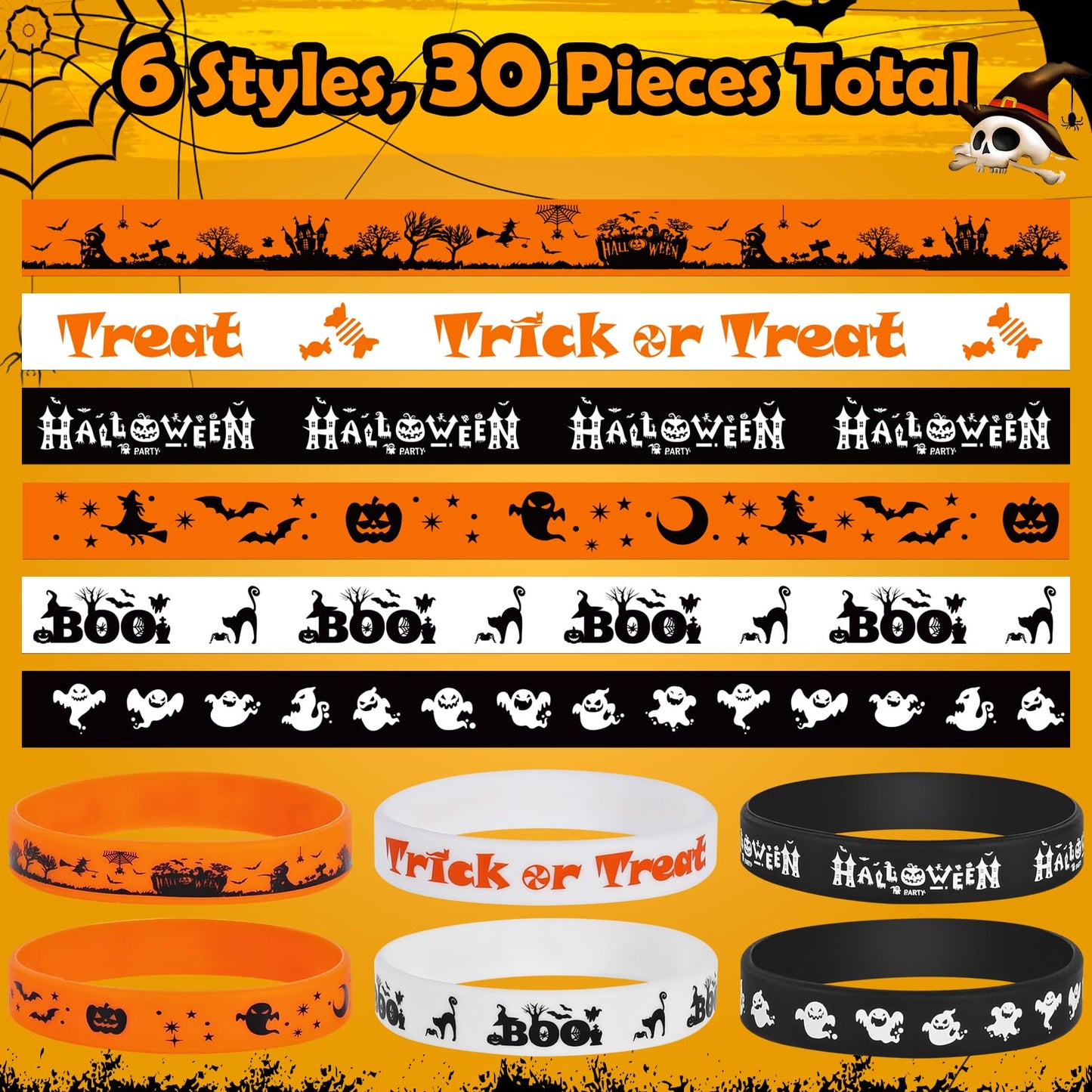 Halloween Rubber Bracelets 30 PCS Bulk Halloween Party Favors Supplies Silicone Wristbands for Gifts Toys Goodie Bag Fillers Stuff Classroom Prizes for Kids Teens Girls Boys