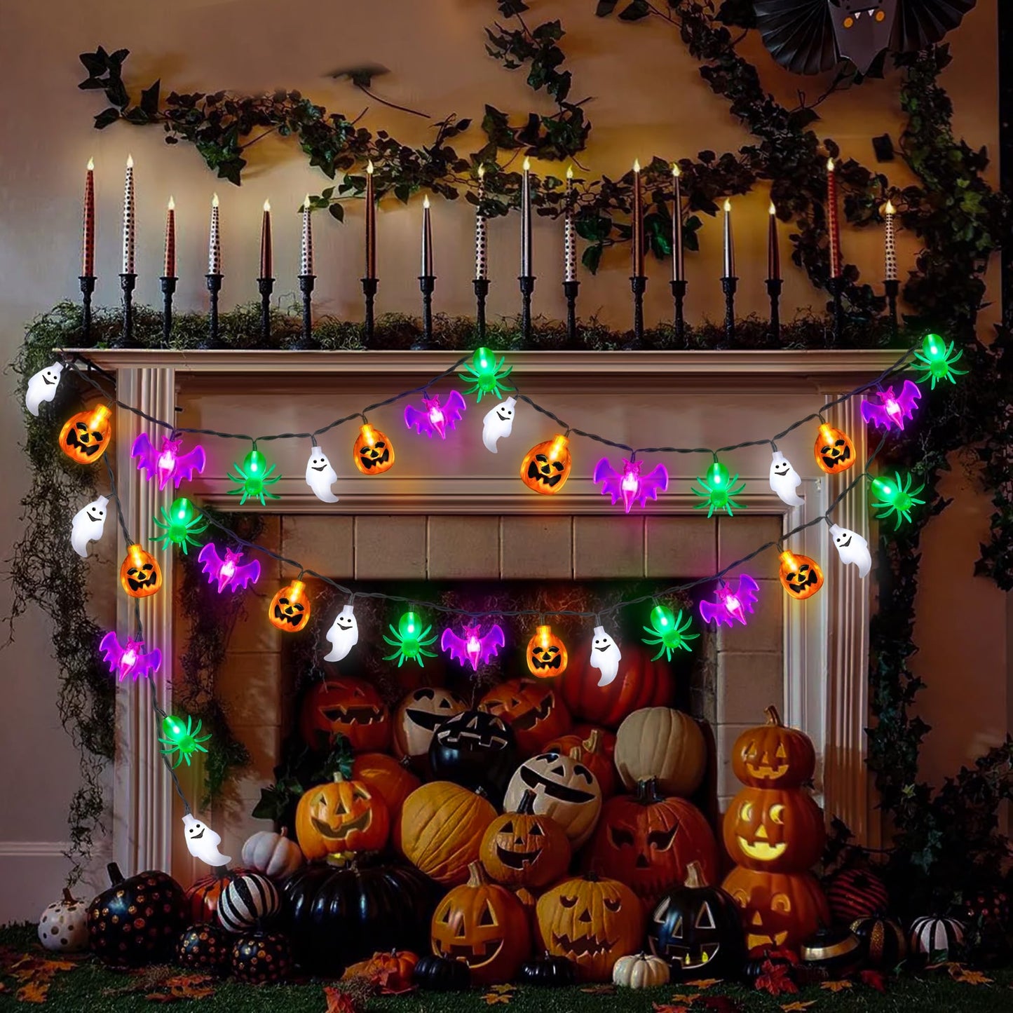 20FT 40LED Halloween Lights Outdoor Indoor Pumpkin Bat Spider Ghost Halloween String Lights Battery Operated, 8 Light Modes Waterproof Fairy Lights Decorations for Home Yard Window Party Outside Decor
