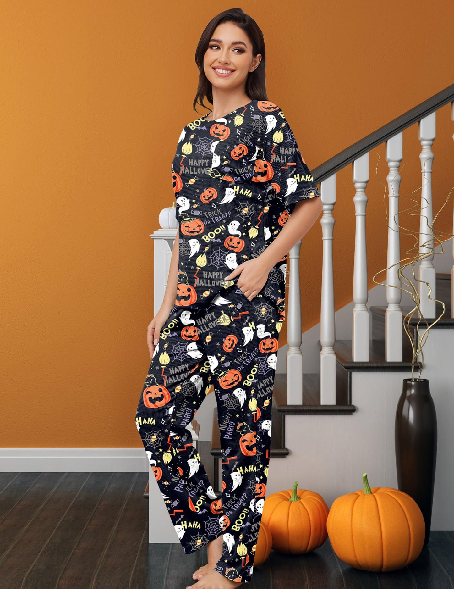JiniGolla Women's Sleepwear Halloween Ghost Loungewear Pumpkins Pj 2 Piece Pajama Loose Lounge Set XL